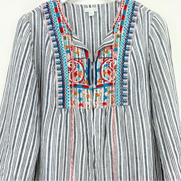 J. Jill White Blue Stripe Colorful Embroidered Ethnic Boho Festival Linen Jacket - Picture 7 of 13